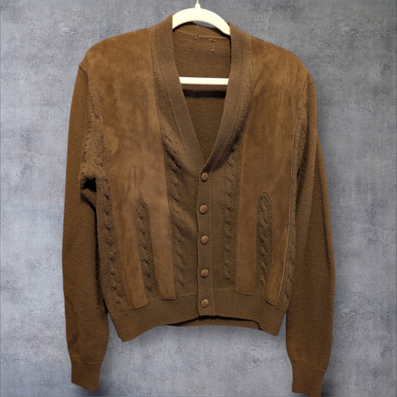 Other - Vintage 60s Grandpa Style Cardigan W. Suede Trim. Chocolate Brown. Medium+